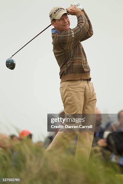 Tom Watson plays a shot during the first round of the 2011 Open Championship at Royal St. George's Golf Club in Sandwich, England on July 14, 2011.