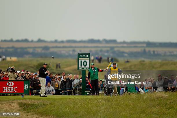 Phil Mickelson plays a shot during the first round of the 2011 Open Championship at Royal St. George's Golf Club in Sandwich, England on July 14,...