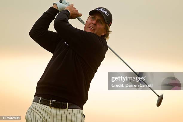 Phil Mickelson plays a shot during the first round of the 2011 Open Championship at Royal St. George's Golf Club in Sandwich, England on July 14,...