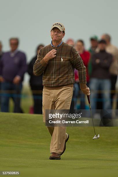 Tom Watson reacts during the first round of the 2011 Open Championship at Royal St. George's Golf Club in Sandwich, England on July 14, 2011.
