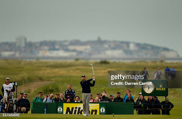 Davis Love III plays a shot during the first round of the 2011 Open Championship at Royal St. George's Golf Club in Sandwich, England on July 14,...