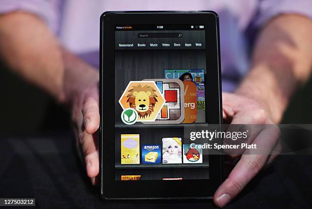 The new Amazon tablet called the Kindle Fire is displayed on September 28, 2011 in New York City. The Fire, which will be priced at $199, is an...