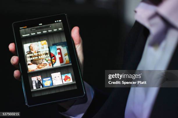 The new Amazon tablet called the Kindle Fire is displayed on September 28, 2011 in New York City. The Fire, which will be priced at $199, is an...