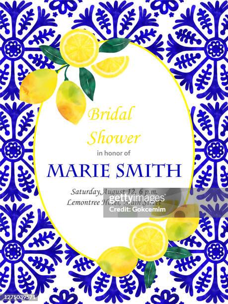 bridal shower invitation card design with fresh lemons and navy blue mediterranean tiles. wedding concept, design element. - portugal tiles stock illustrations