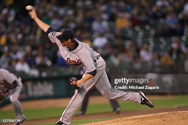 Doug Fister of the Detroit Tigers pitches during the game against the Oakland Athletics at the Oakland-Alameda County Coliseum on September 16, 2011...
