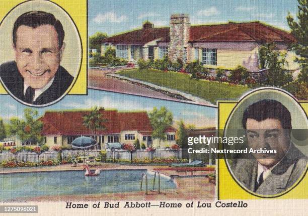 Vintage souvenir linen postcard published ca 1938 from series depicting Hollywood and movie star homes, mansions and grand Los Angeles estates, here...