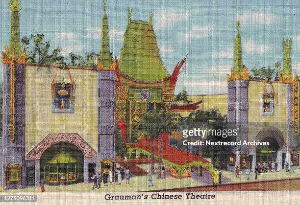Vintage souvenir illustrated postcard published ca 1938 from series depicting Hollywood landmarks and movie star homes, here a view of the historic...