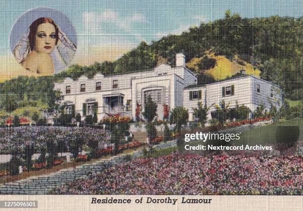 Vintage souvenir linen postcard published ca 1938 from series depicting Hollywood and movie star homes, mansions and grand Los Angeles estates, here...