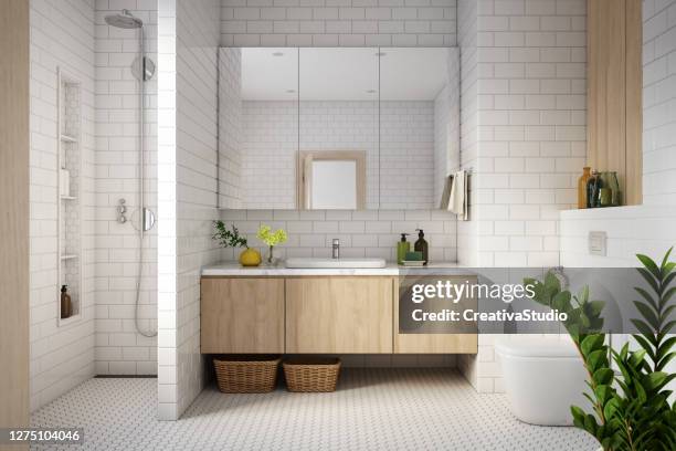 moderne badkamer interieur stock foto - restroom door stockfoto's en -beelden