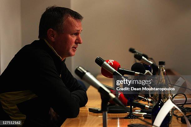 Manager, Michael O'Neill speaks during the Shamrock Press Conference held at White Hart Lane on September 28, 2011 in London, England.