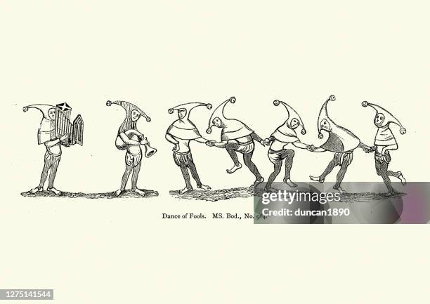 medieval fools jesters dancing to bagpipe and hand organ - jester stock illustrations