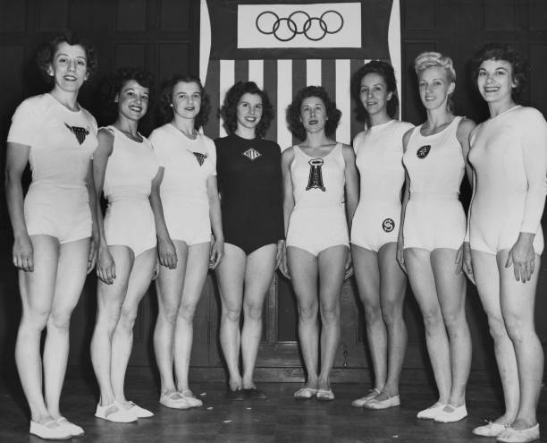 United States Olympic women's gymnastics team pose for a group portrait ahead of the 1948 Summer Olympics in London, 1948.