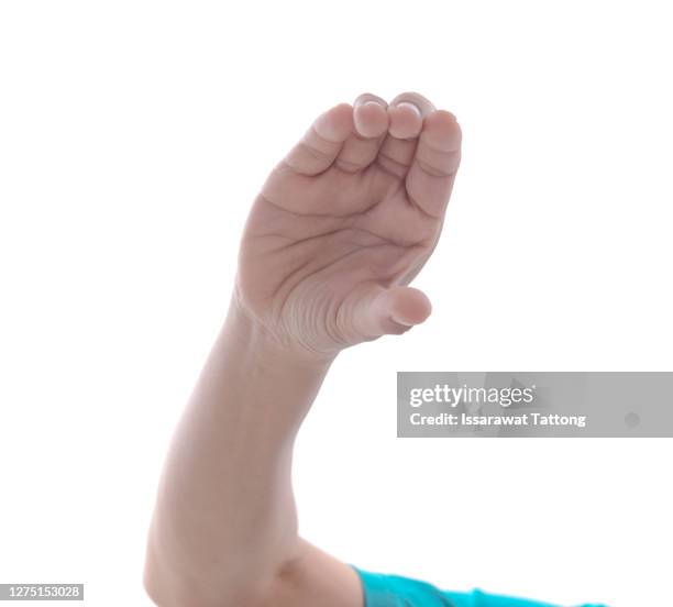 woman's hands holding something empty  isolated on white background. - hand showing stockfoto's en -beelden