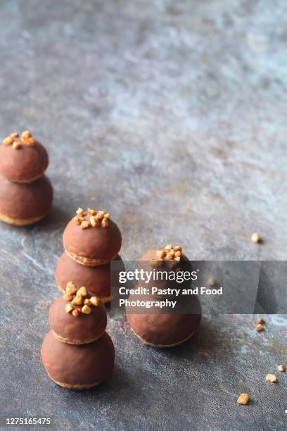 profiteroles (choux pastries) filled with praline pastry cream - choux pastry stock pictures, royalty-free photos & images