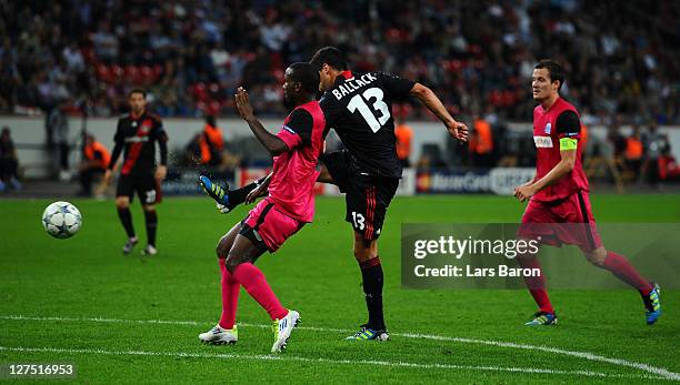 Michael Ballack of LEverkusen scores his teams second goal during the UEFA Champions League group E match between Bayer 04 Leverkusen and KRC Genk at...