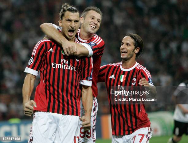 Zlatan Ibrahimovic of AC Milan celebrates his goal with team-mates Antonio Cassano and Luca Antonini during the UEFA Champions League group H match...