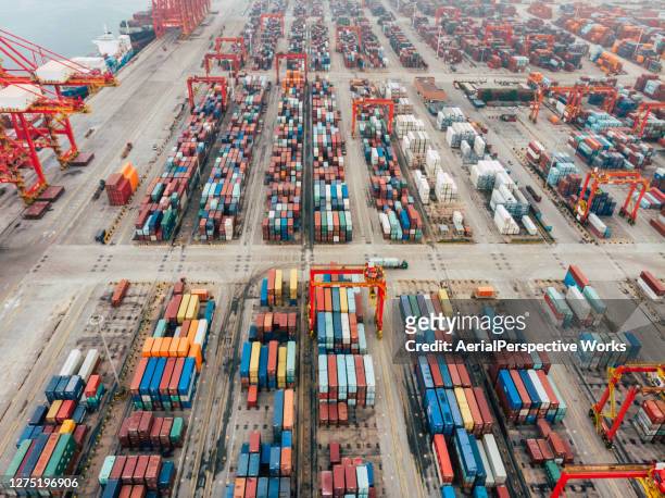 drone point view of industrial port with containers ship - tianjin imagens e fotografias de stock