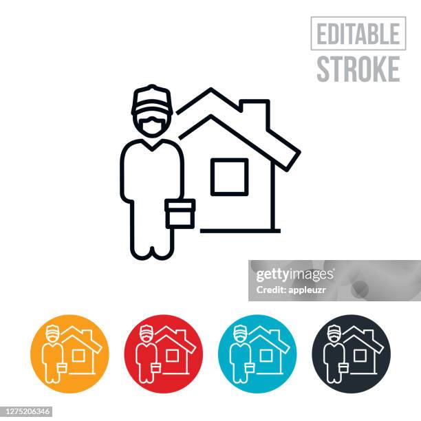 handy man at house wearing face mask thin line icon - editable stroke - construction worker covid stock illustrations