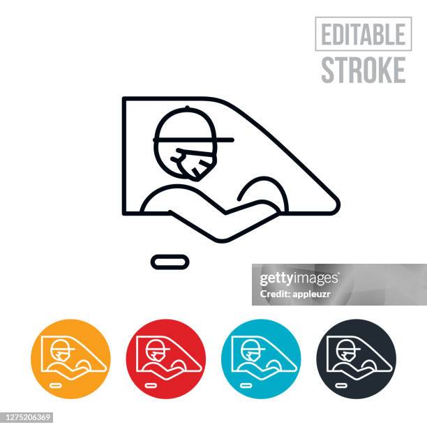 stockillustraties, clipart, cartoons en iconen met bezorger die pictogram face mask driving thin line draagt - bewerkbare slag - car window