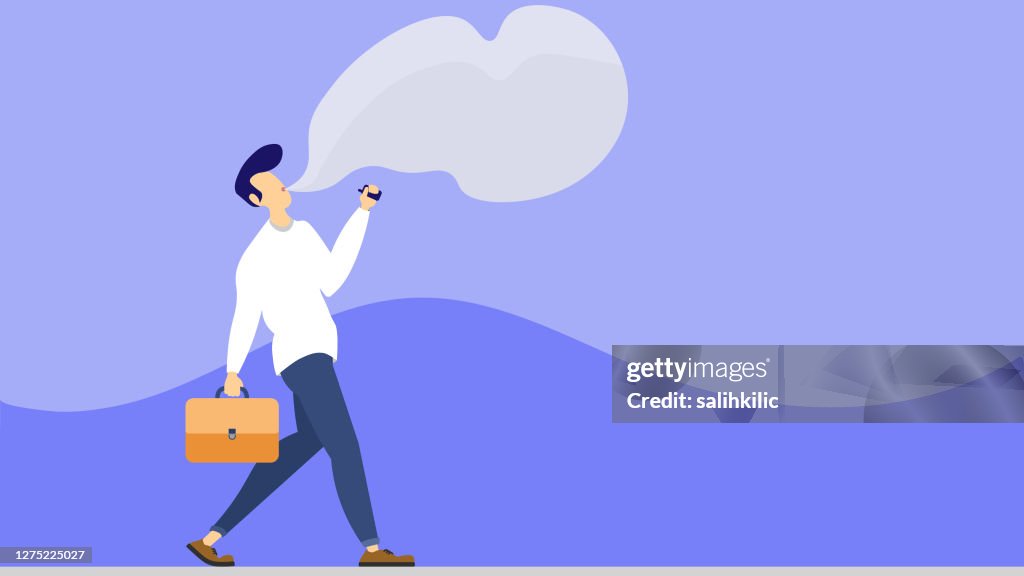 Flat male character exhaling vape smoke from an electronic cigarette