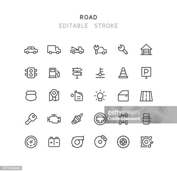 illustrazioni stock, clip art, cartoni animati e icone di tendenza di 30 icone linea stradale tratto modificabile - parcheggiare