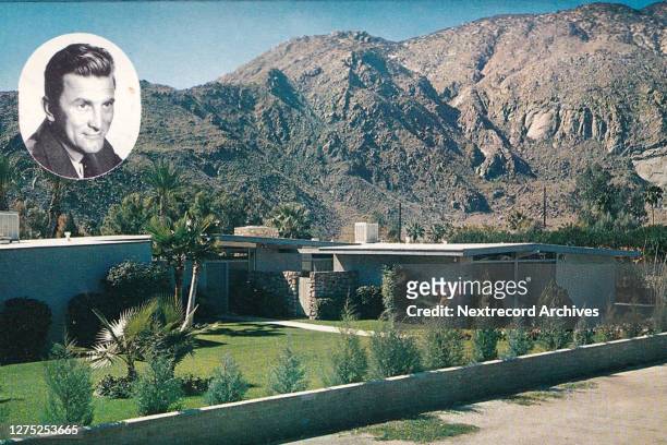 Vintage souvenir postcard published in 1956 from series depicting Hollywood movie star homes, mansions and grand Los Angeles estates, here a portrait...