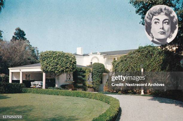 Vintage souvenir postcard published in 1956 from series depicting Hollywood movie star homes, mansions and grand Los Angeles estates, here a portrait...