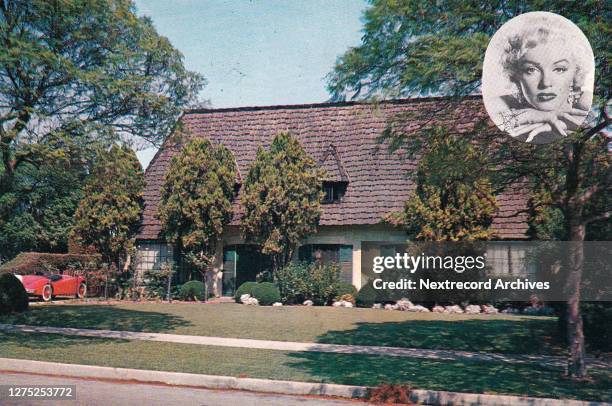 Vintage souvenir postcard published in 1956 from series depicting Hollywood movie star homes, mansions and grand Los Angeles estates, here a portrait...