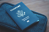 USA (United States of America) Passport on blue travel wallet, wooden background. Top View (above)