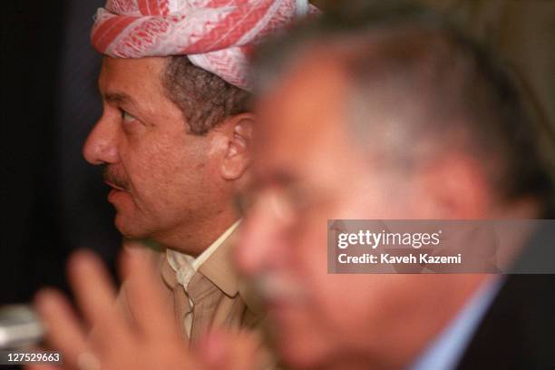 Kurdistan Democratic Party leader Massoud Barzani and Patriotic Union of Kurdistan leader Jalal Talabani at a meeting of the Iraqi Kurdistan...