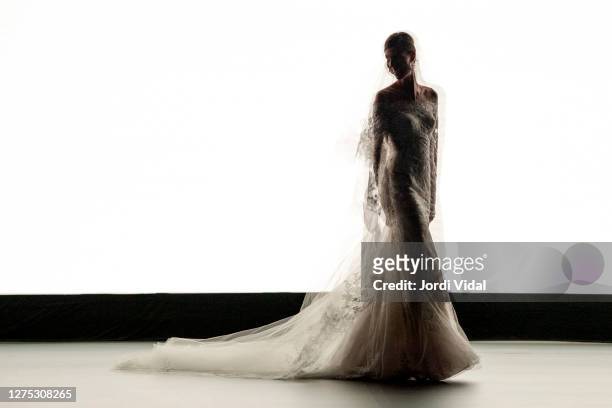 Model walks the runway during the House of St. Patrick show as part of the Valmont Barcelona Bridal Fashion Week on September 22, 2020 in Barcelona,...