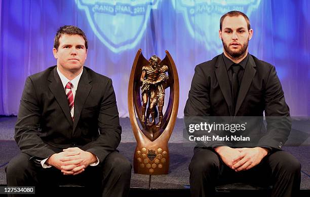 Jamie Lyon of the Eagles and Simon Mannering of the Warriors pose for a photo during the 2011 NRL Grand Final Breakfast at Sydney Convention &...