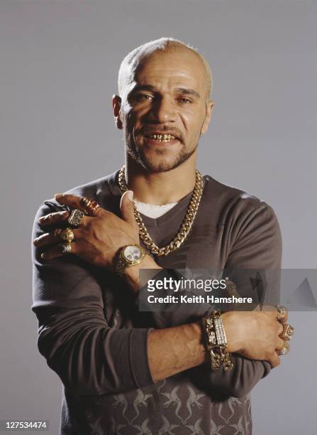 English musician and actor Goldie as the henchman Mr Bullion in a publicity still for the James Bond film 'The World Is Not Enough', 1999.