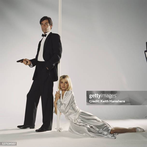 Welsh actor Timothy Dalton as 007 and actress Maryam d'Abo as Kara Milovy in a publicity still for the 1987 James Bond film 'The Living Daylights',...