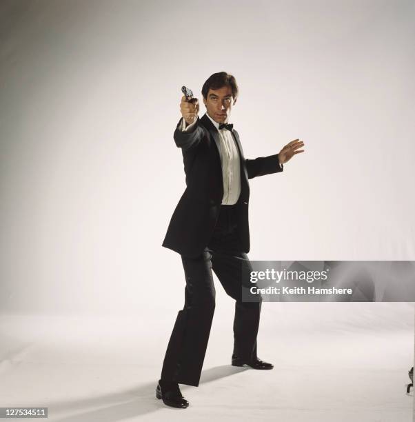 Welsh actor Timothy Dalton poses as 007 in a publicity still for the 1987 James Bond film 'The Living Daylights', 1986.