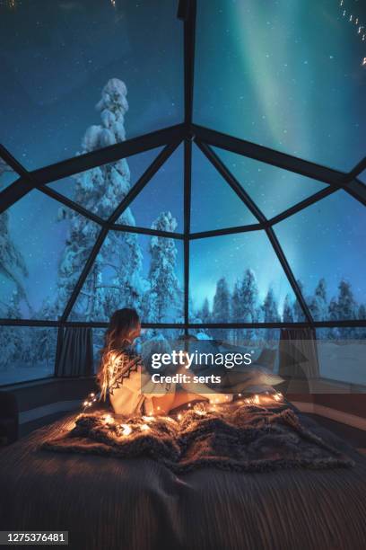 jonge vrouw die van een mening van het noordelijke lichten geniet - aurora stockfoto's en -beelden