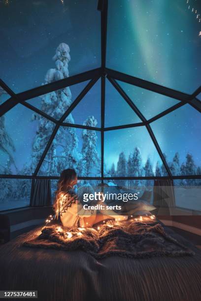 young woman enjoying a view of the northern lights - finland stock pictures, royalty-free photos & images