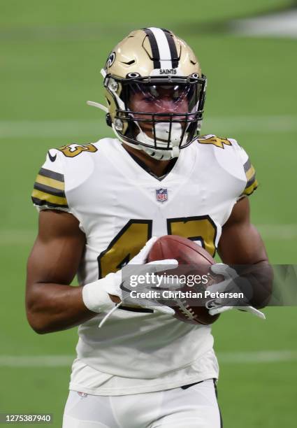 Free safety Marcus Williams of the New Orleans Saints warms up before the NFL game against the Las Vegas Raiders at Allegiant Stadium on September...