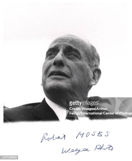 Low-angle view of American public official and city planner Robert Moses as he attends the New York's World's Fair, Flushing Meadows, New York, New...