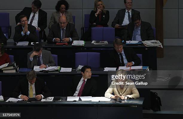 German Chancellor Angela Merkel attends a session of the Bundestag in which members will vote on an increase in funding for the European Financial...