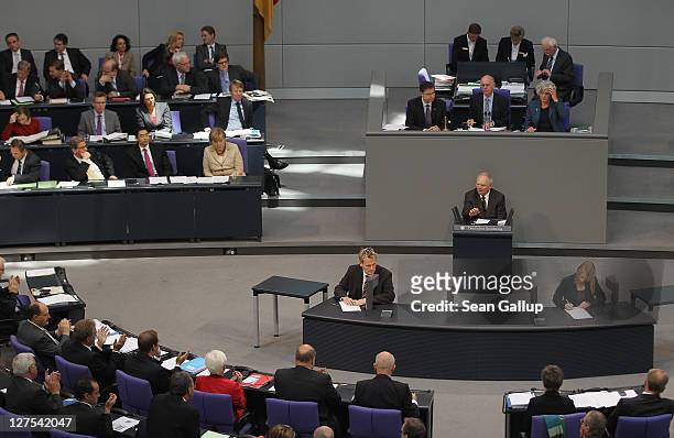 German Finance Minister Wolfgang Schaeuble speaks during a session of the Bundestag in which members will vote on an increase in funding for the...