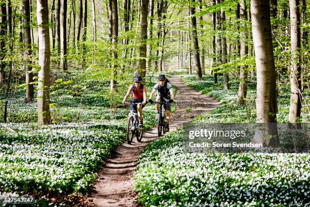 couple mountain biking together - bicycle and couple stockfoto's en -beelden