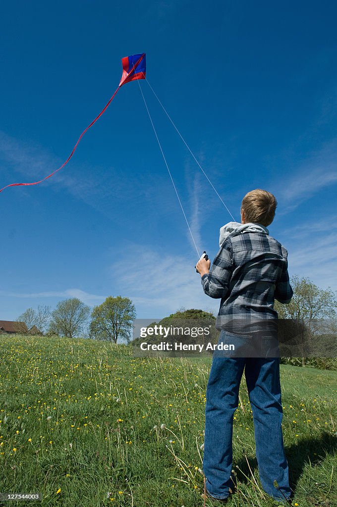 Boy flying a kite in field