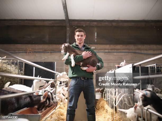 worker holding kid goat on farm - animales granja fotografías e imágenes de stock