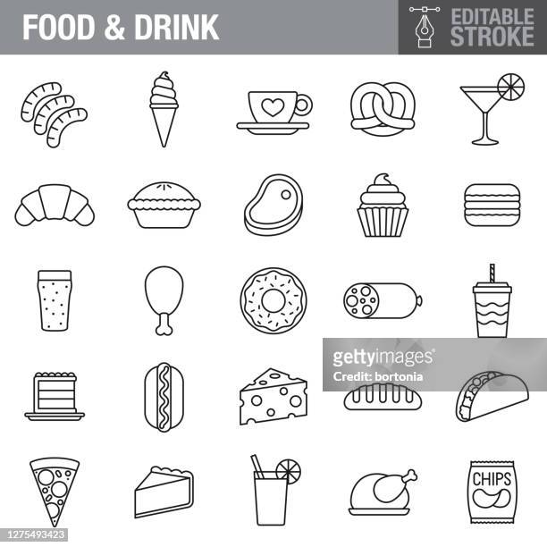 illustrazioni stock, clip art, cartoni animati e icone di tendenza di set di icone tratto modificabile food & drink - illustrazione a linee sottili