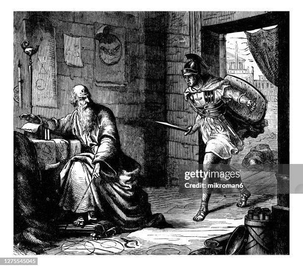 engraving illustration of the last hour of archimedes - archimedes stock pictures, royalty-free photos & images