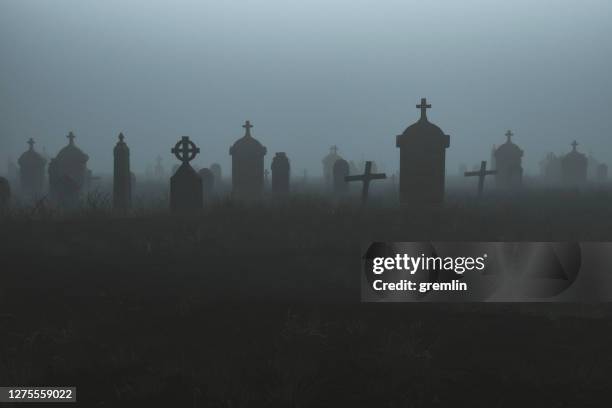 spookachtig kerkhof bij nacht - grafsteen stockfoto's en -beelden