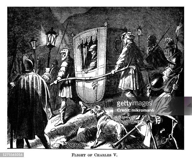 engraving illustration of charles v ( carlos i ) fleeing after defeats - sedan stock pictures, royalty-free photos & images