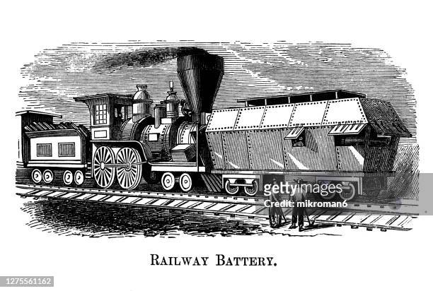 engraving illustration of armoured train and railroad artillery battery - 19th century steam train stock pictures, royalty-free photos & images