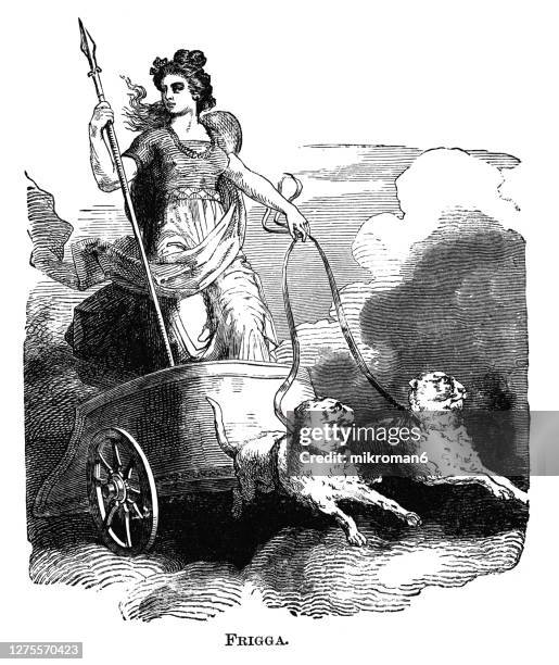 old engraved illustration of frigga norse goddess - norse gods stock-fotos und bilder